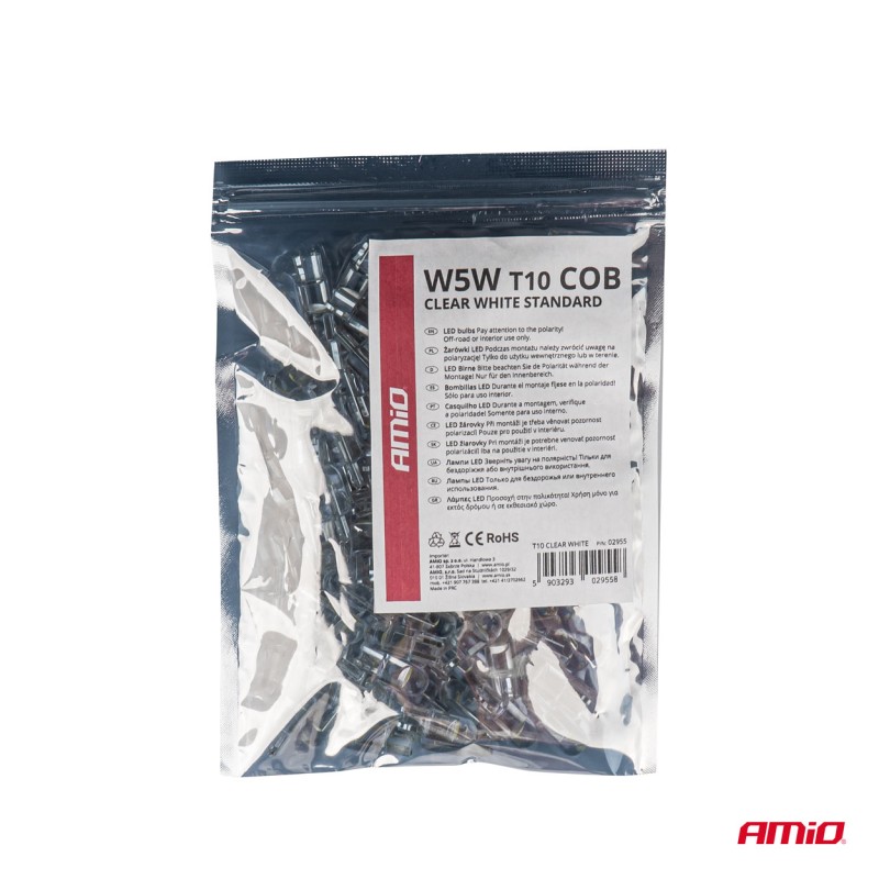 T10 W5W 12V COB LED ΛΕΥΚΟ ΧΡΩΜΑ CLEAR WHITE 100ΤΕΜ. AMIO
