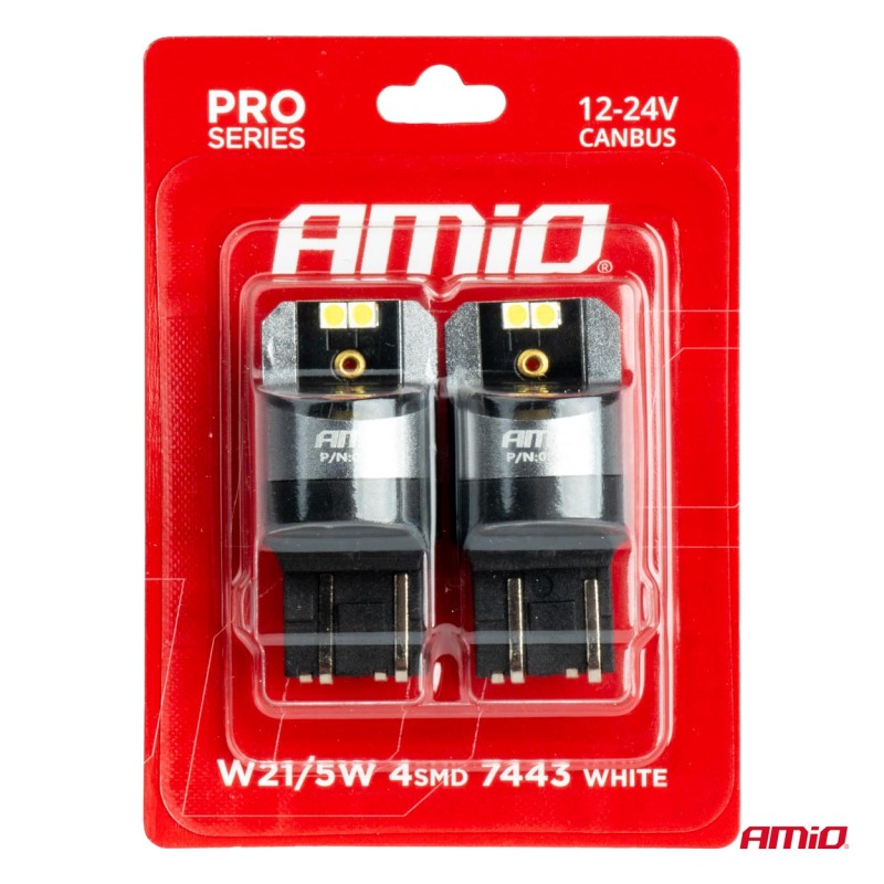 ΛΑΜΠΑΚΙΑ W21/5W 7443 12/24V 6.000K 4xSMD LED CAN-BUS ΛΕΥΚΟ PRO SERIES AMIO - 2 Τεμ.