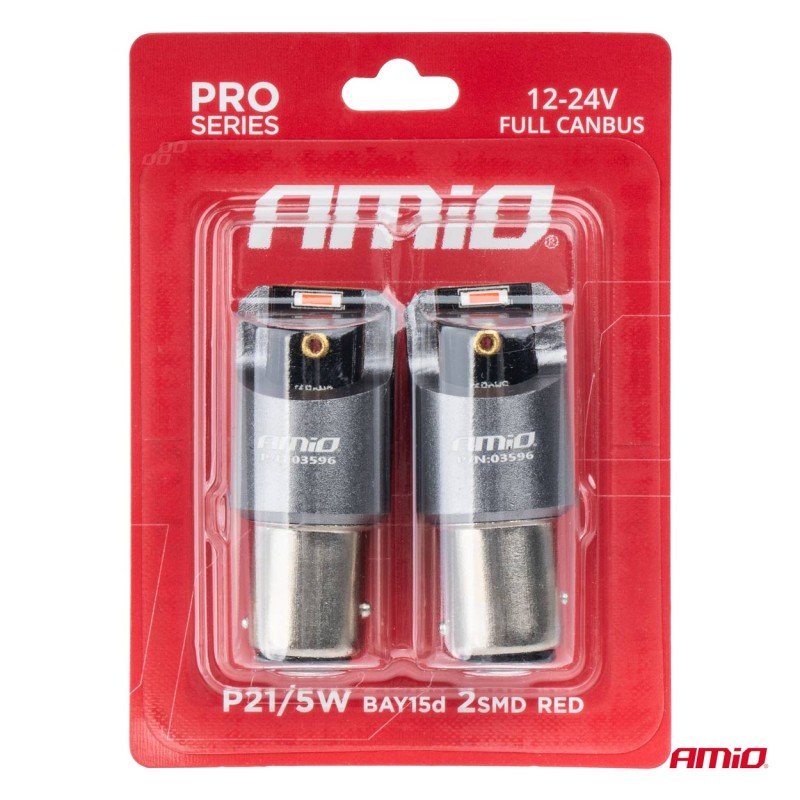 ΛΑΜΠΑΚΙΑ P21/5W BAY15d 12/24V 6.000K 2xSMD LED FULL CAN-BUS ΚΟΚΚΙΝΟ PRO SERIES AMIO - 2 Τεμ.