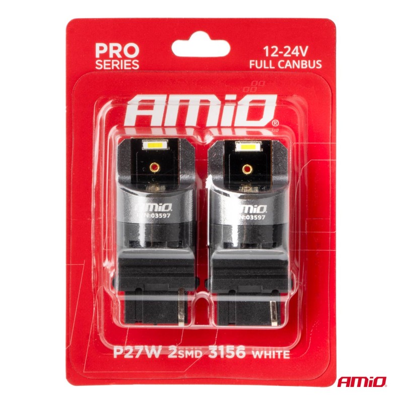 ΛΑΜΠΑΚΙΑ P27W 12/24V 6.000K 2SMD LED FULL CAN-BUS ΛΕΥΚΟ PRO SERIES AMIO - 2 Τεμ.
