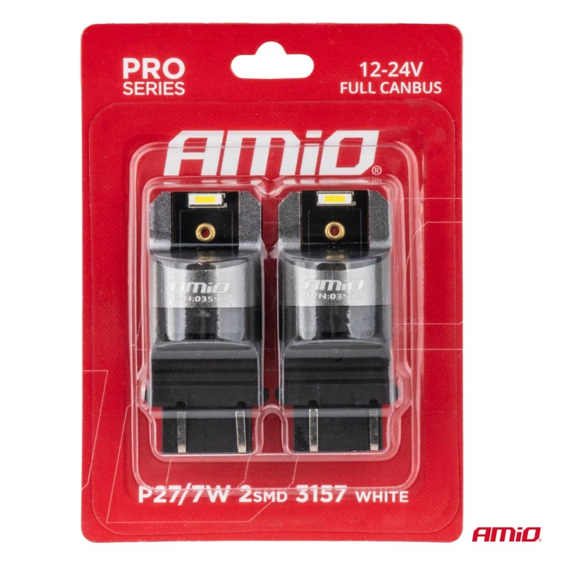 ΛΑΜΠΑΚΙΑ P27/7W 3157 12/24V 6.000K 2xSMD LED FULL CAN-BUS ΛΕΥΚΟ PRO SERIES AMIO - 2 Τεμ.