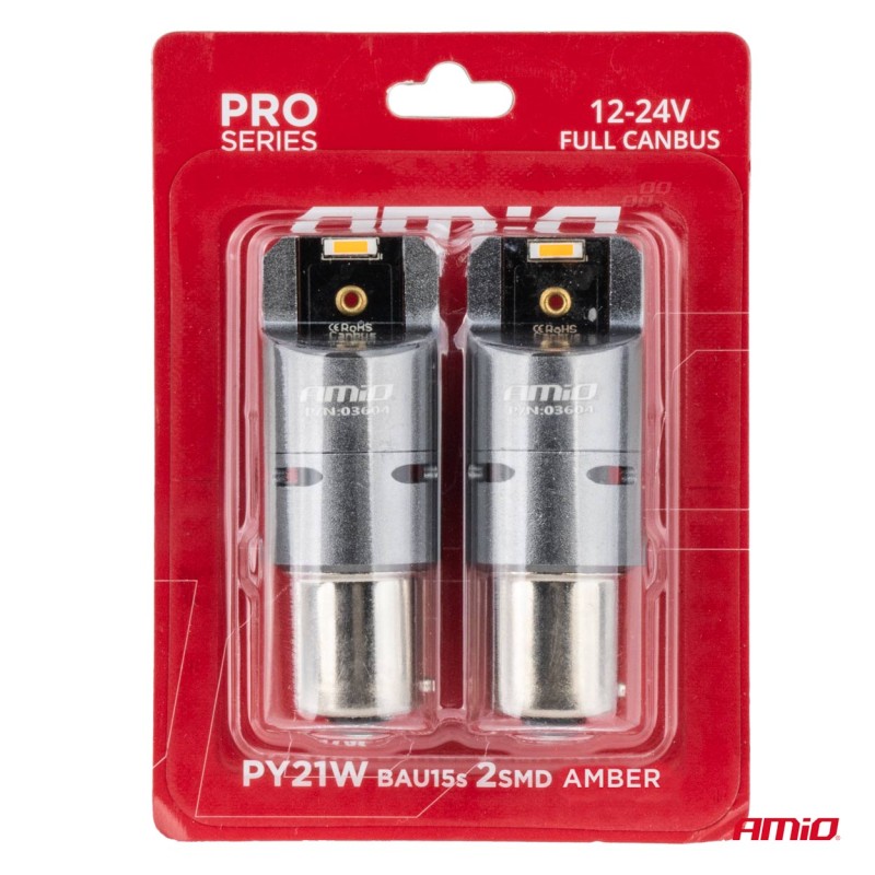 ΛΑΜΠΑΚΙΑ PY21W BAU15s 12/24V 6.000K 2xSMD LED FULL CAN-BUS(ΜΕ ΑΝΕΜΙΣΤΗΡΑΚΙ) ΠΟΡΤΟΚΑΛΙ PRO SERIES AMIO - 2 Τεμ.