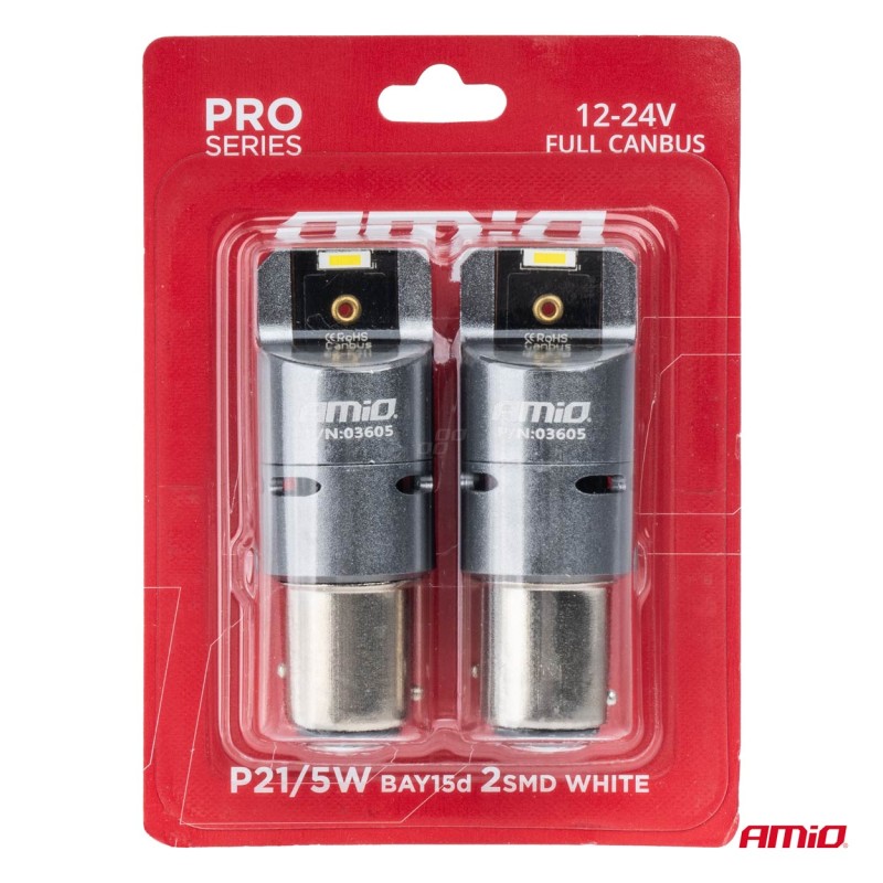 P21/5W BAY15s 12/24V 6.000K 2xSMD LED(ΜΕ ΑΝΕΜΙΣΤΗΡΑΚΙ) FULL CAN-BUS ΛΕΥΚΟ PRO SERIES  AMIO - 2 Τεμ.