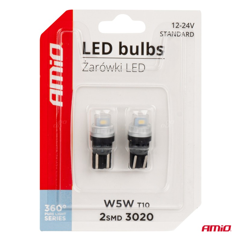 ΛΑΜΠΑΚΙΑ T10 W5W 12/24V 2x3020 SMD LED ΛΕΥΚΟ PURE LIGHT SERIES AMIO - 2 Τεμ.