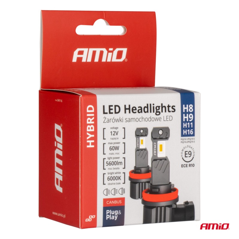 ΛΑΜΠΕΣ LED H8/H9/H11/H16 12V 60W 6.000K 5.600lm +400% LED CAN-BUS HYBRID SERIES AMIO - 2 ΤΕΜ.
