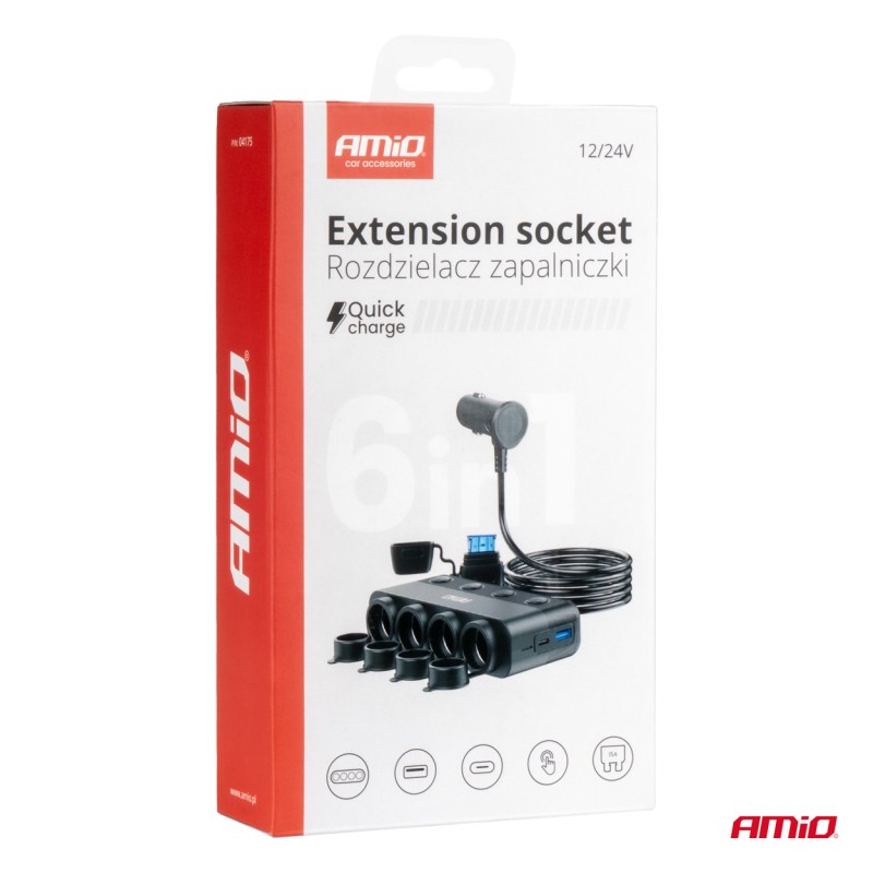 ΑΝΤΑΠΤΟΡΑΣ ΑΝΑΠΤΗΡΑ ΤΕΤΡΑΠΛΟΣ 12/24V 216W MAX ΜΕ 2 ΘΥΡΕΣ USB PD30W/QC3.0 AMIO - 1 Τεμ.