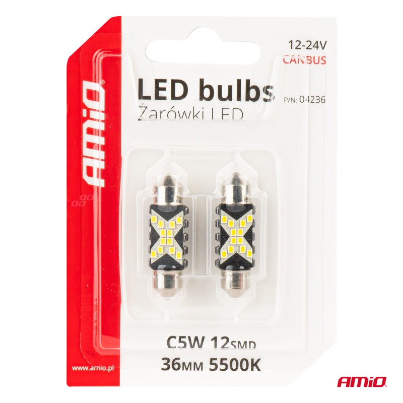 ΛΑΜΠΑΚΙΑ ΠΛΑΦΟΝΙΕΡΑΣ 36mm 12/24V C5W 5500K 12xSMD 2016 CAN-BUS FESTOON (ΛΕΥΚΟ) ΑΜΙΟ - 2 ΤΕΜ.