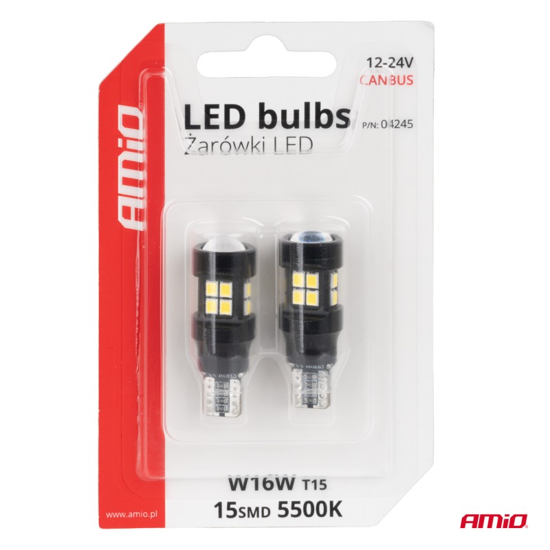 ΛΑΜΠΑΚΙΑ LED T15 W16W 12V/24V LED CAN-BUS 15xSMD 2835 ΛΕΥΚΟ ΦΩΣ 5.500K (ΣΕ ΧΡΩΜΑ ΜΑΥΡΟ) AMIO - 2 ΤΕΜ.