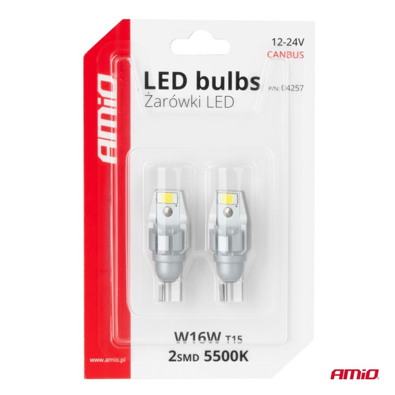 Amio - Λάμπα LED CANBUS T15 (W16W) 2SMD 3570 Λευκή 6000K 12V/24V για Φώτα Όπισθεν & Βοηθητικό Φωτισμό - 2τεμ. (04257/AM)