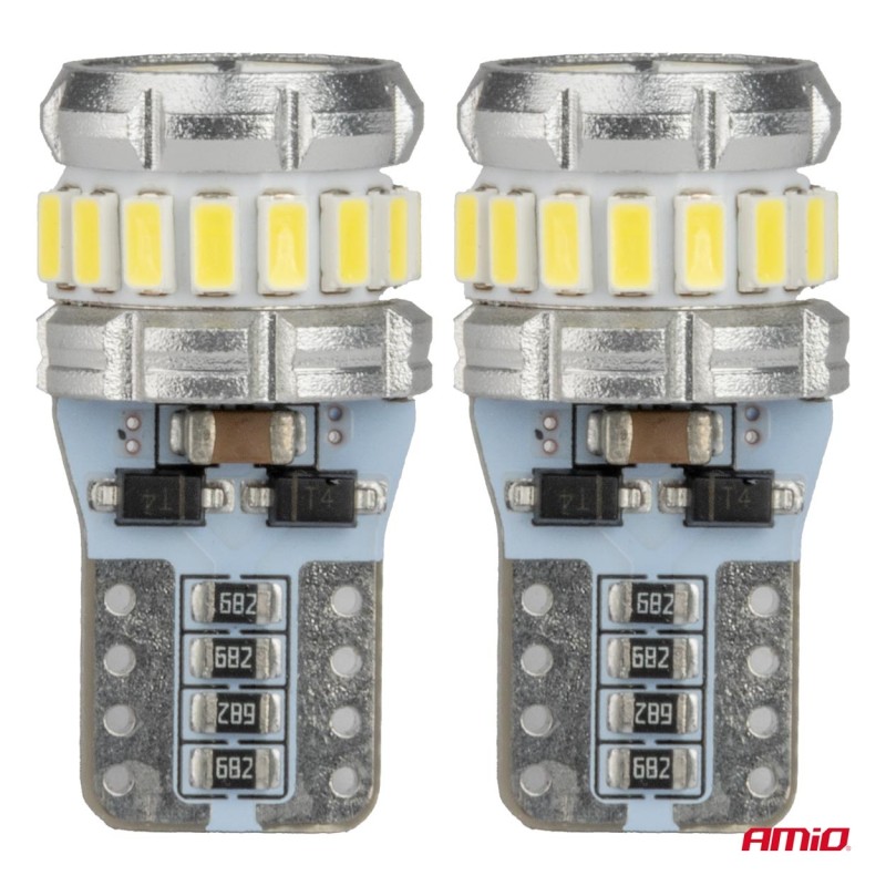 Amio - Λάμπα LED CANBUS T10 (W5W) 16SMD 3014 + 2SMD 3030 Λευκή 6000K 12V/24V για Φώτα Θέσης, Πινακίδας & Εσωτερικού - 2τεμ. (04260/AM)
