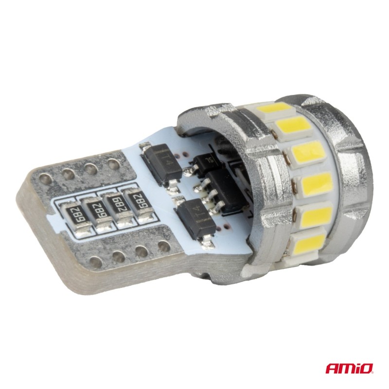 Amio - Λάμπα LED CANBUS T10 (W5W) 16SMD 3014 + 2SMD 3030 Λευκή 6000K 12V/24V για Φώτα Θέσης, Πινακίδας & Εσωτερικού - 2τεμ. (04260/AM)