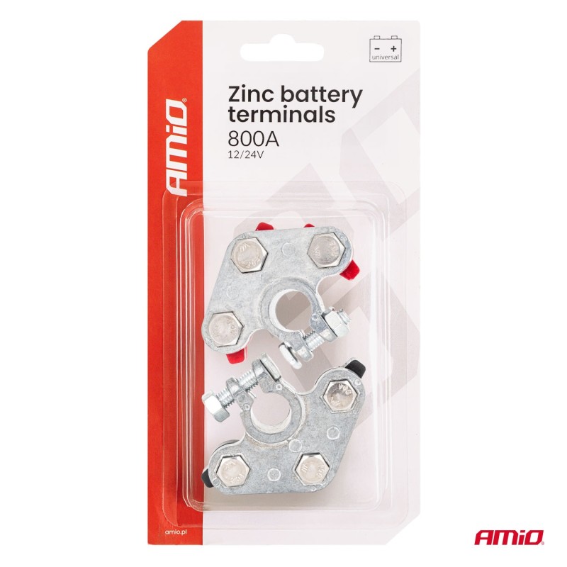 Amio - Πόλοι Μπαταρίας Αυτοκινήτου 800A Βαρέως Τύπου – Σετ (+/-), Επιψευδαργυρωμένες, Για 12/24V - 2 τεμ. (04391/AM)