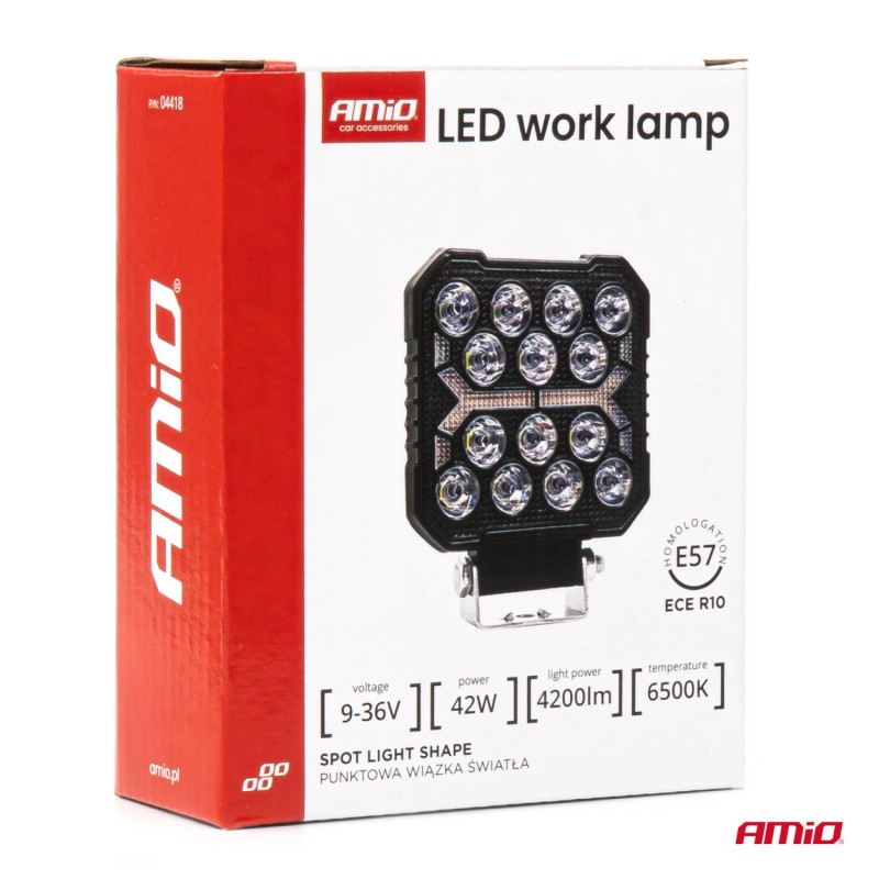 Amio - LED Λάμπα Εργασίας 42W 4200lm 6500K με Προειδοποιητικό Φως (Λευκό + Κίτρινο) – 9–36V Spot Αλουμινένια - 1 τεμ. - (04418/AM)