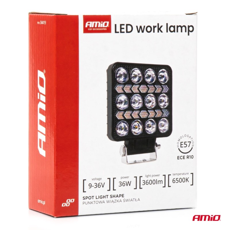 Amio - LED Λάμπα Εργασίας 36W 3600lm 6500K με Προειδοποιητικό Φως – 9–36V (Λευκό + Κίτρινο) Spot Αλουμινένια - 1 τεμ. - (04419/AM)