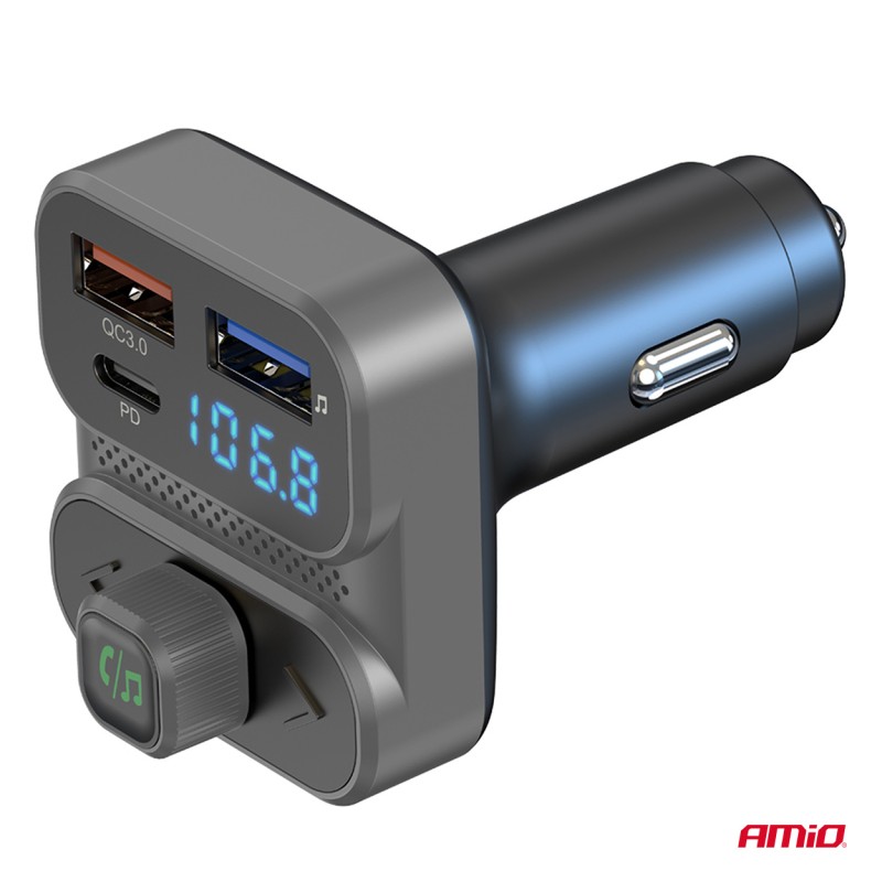 Amio - FM Transmitter Αναπτήρα τύπου FMT02 τάση λειτουργίας 12-24V με 2xUSB Type-A και 1xUSB Type-C για Επιβατικά Αυτοκίνητα και Φορτηγά - 1 τεμ. (04649/AM)