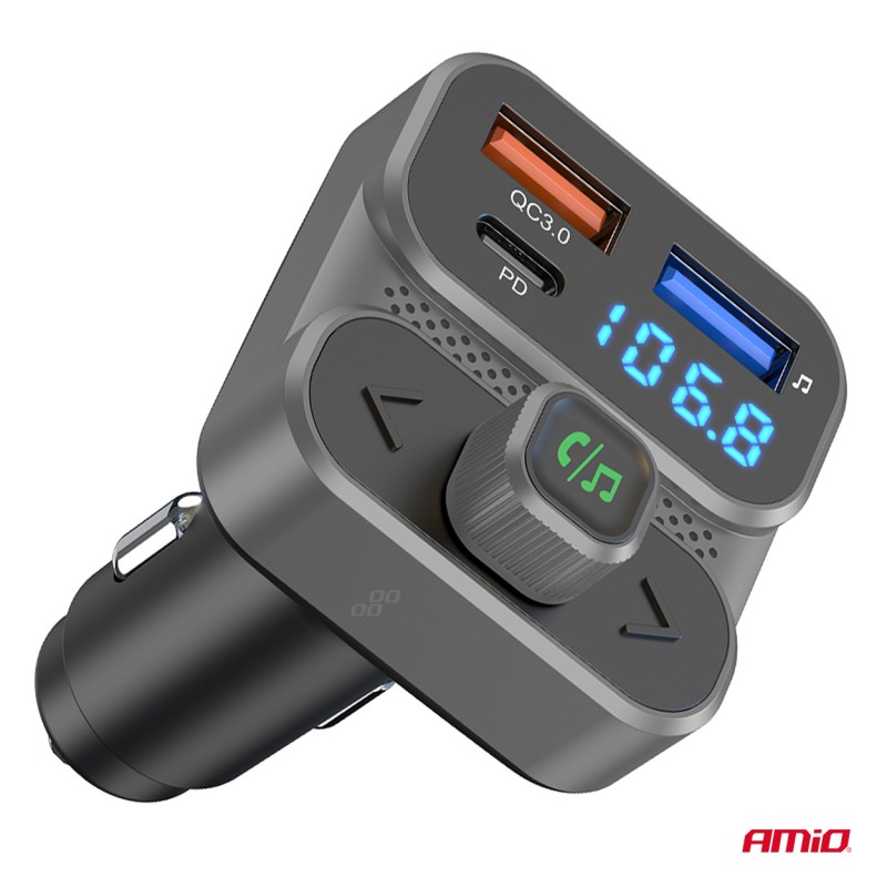 Amio - FM Transmitter Αναπτήρα τύπου FMT02 τάση λειτουργίας 12-24V με 2xUSB Type-A και 1xUSB Type-C για Επιβατικά Αυτοκίνητα και Φορτηγά - 1 τεμ. (04649/AM)