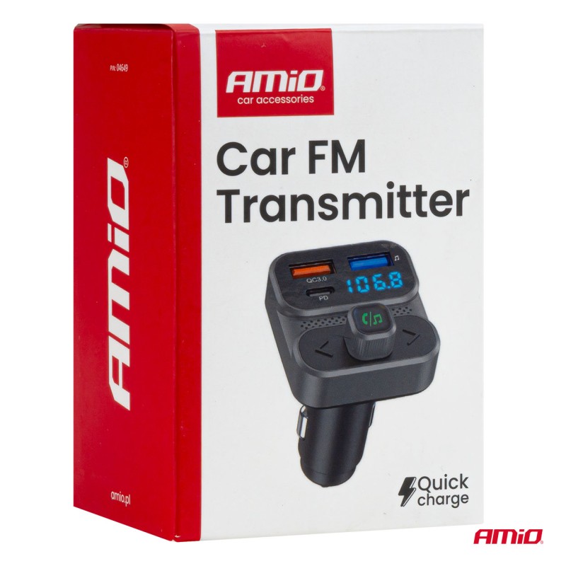 Amio - FM Transmitter Αναπτήρα τύπου FMT02 τάση λειτουργίας 12-24V με 2xUSB Type-A και 1xUSB Type-C για Επιβατικά Αυτοκίνητα και Φορτηγά - 1 τεμ. (04649/AM)