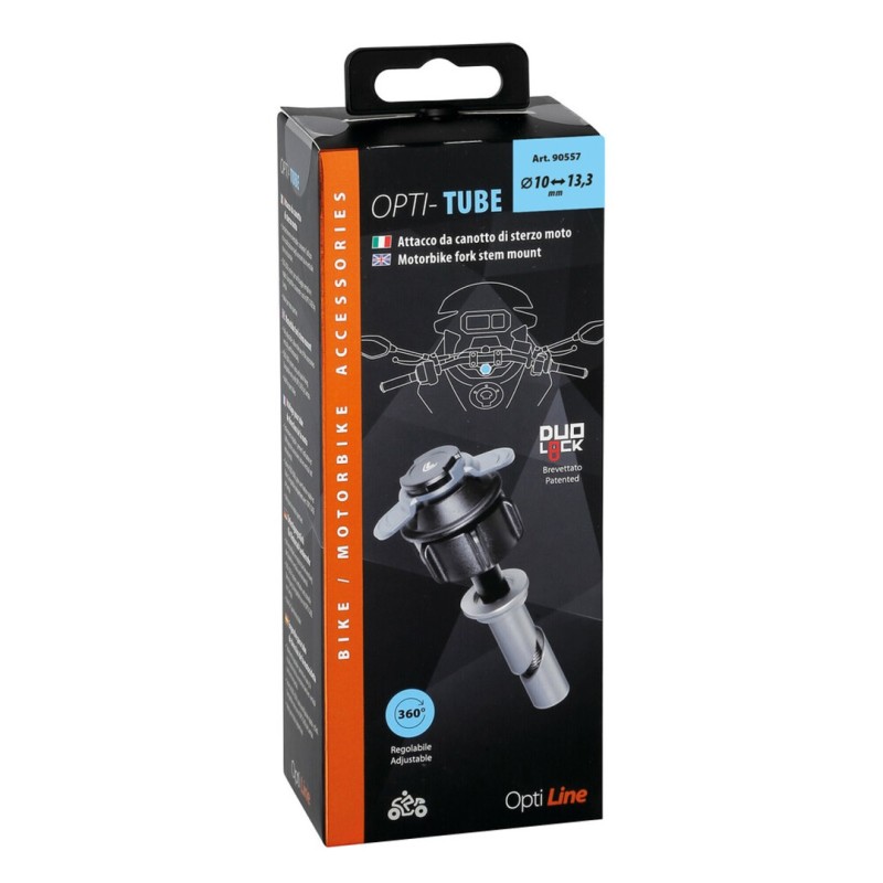 Βιδωτή Βάση Στήριξης Κινητού Tube της σειράς Optiline για την Κεντρική Βίδα της Πλάκας στο Τιμόνι Μηχανής με διάμετρο από 10 mm έως 13,3 mm και σύστημα Duolock, συμβατή με Θήκες ή Αντάπτορες Κινητού Optiline