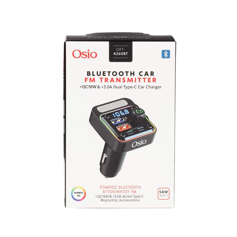 FM TRANSMITTER ΑΝΑΠΤΗΡΑ 12V ΜΕ BLUETOOTH OFT-4260BT ΦΟΡΤΙΣΤΗ USB TYPE-A + USB TYPE-C OSIO