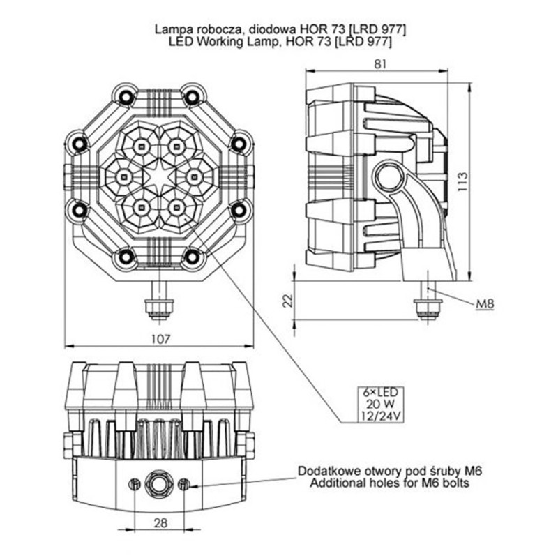 ΠΡΟΒΟΛΕΑΣ ΕΡΓΑΣΙΑΣ 12/24V HOR73 20W 1800lm 6LED 8ΓΩΝΟΣ 107x81mm