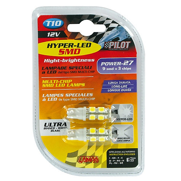 T10 W5W 12V W2,1x9,5d 80lm HYPER-LED27 ΛΕΥΚΟ ΔΙΑΘΛΑΣΗΣ 9SMDx3chips (ΔΙΠΛΗΣ ΠΟΛΙΚΟΤΗΤΑΣ)BLISTER 2ΤΕΜ.