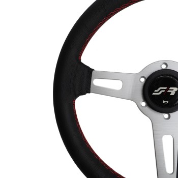 ΤΙΜΟΝΙ EPOCA ΜΑΥΡΟ/ΧΡΩΜΙΟ ΜΕ ΚΟΚΚΙΝΗ ΡΑΦΗ ΔΕΡΜΑΤΙΝΟ ΤΡΙΑΚΤΙΝΟ ΔΙΑΜΕΤΡΟΣ 350mm SIMONI RACING  - 1 τεμ.