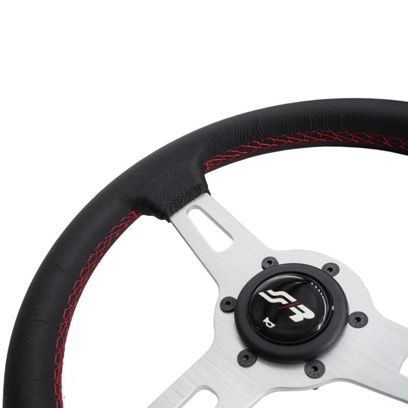 ΤΙΜΟΝΙ EPOCA ΜΑΥΡΟ/ΧΡΩΜΙΟ ΜΕ ΚΟΚΚΙΝΗ ΡΑΦΗ ΔΕΡΜΑΤΙΝΟ ΤΡΙΑΚΤΙΝΟ ΔΙΑΜΕΤΡΟΣ 350mm SIMONI RACING  - 1 τεμ.